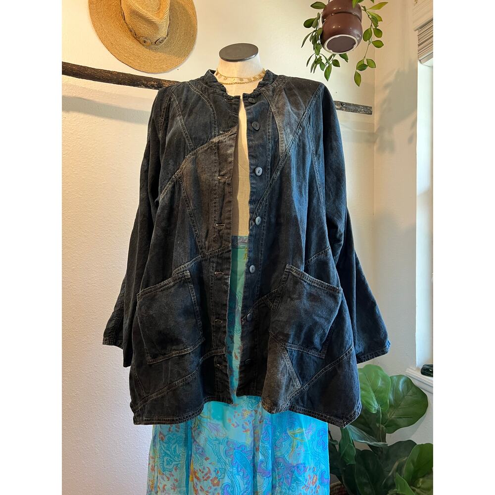 Cynthia Ashby Denim Dyed Patchwork Oversized Button Front Jacket USA Size 2X